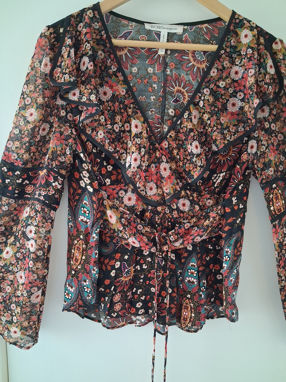 BCBGMaxAzria Black Floral Wrap Blouse with Bell Sleeves - Picture 2 of 6